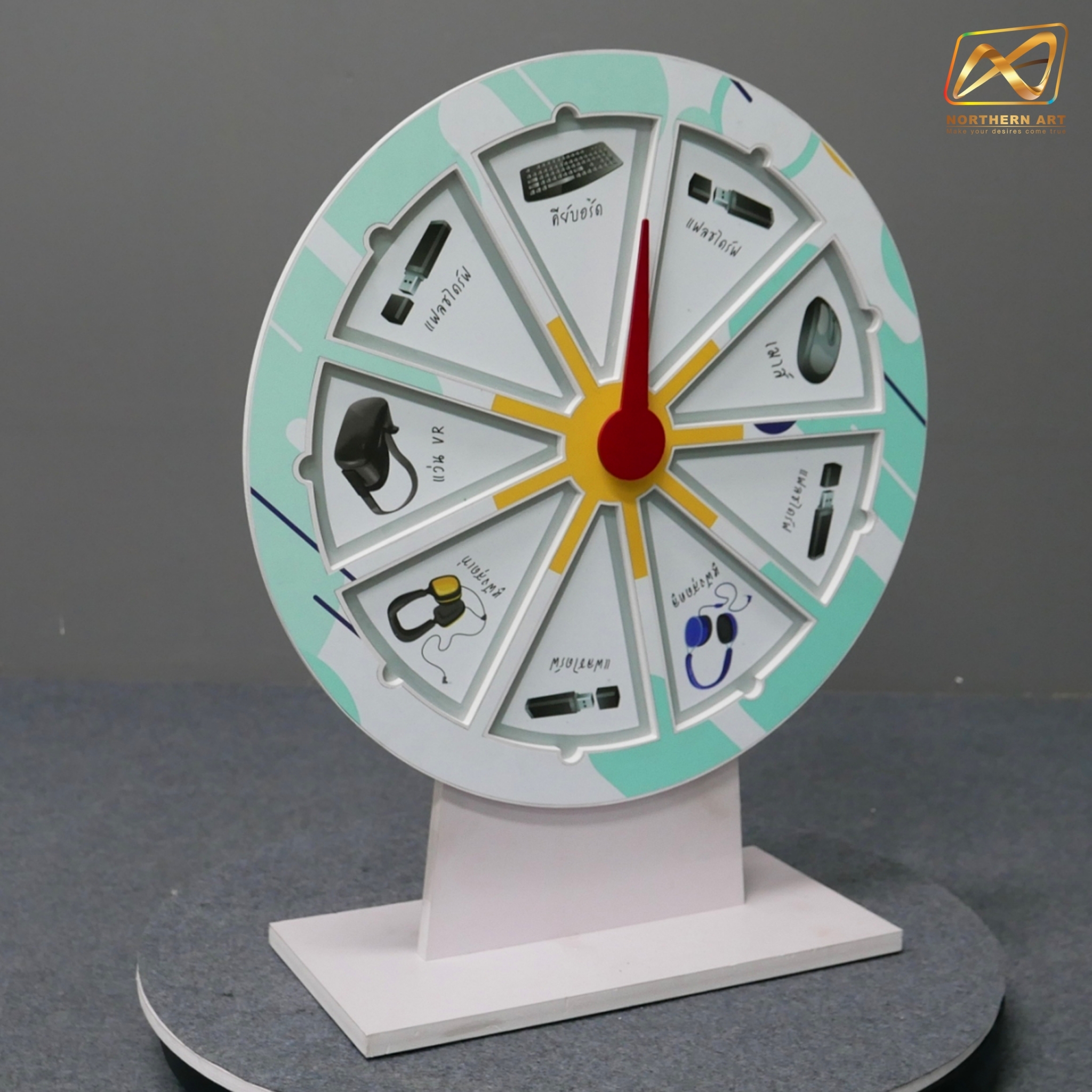เกมส์วงล้อแม่เหล็กตั้งโต๊ะ ขนาดวงล้อ 50 ซม. สูง 61 ซม. วัสดุพลาสวูดสีขาว หนา 8-15 มม. ถอดประกอบได้