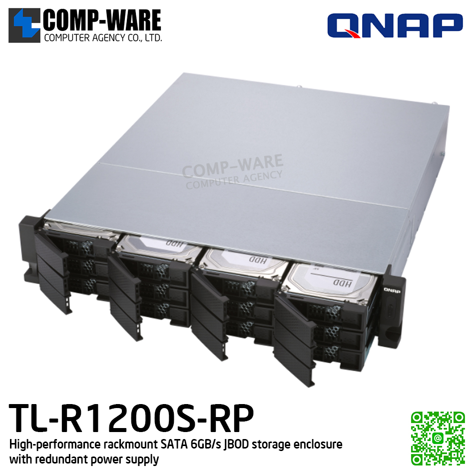 QNAP (2U 12-Bay) TL-R1200S-RP / 12 x 2.5"/3.5" SATA 6Gbps / Redundant PSU / 3Y Warranty / No HDD / Rail Kit RAIL-B02 - Expansion Enclosure