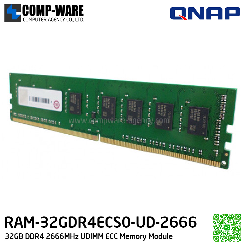 QNAP RAM Module 32GB DDR4 2666MHz ECC UDIMM (1Y Warranty) RAM-32GDR4ECS0-UD-2666