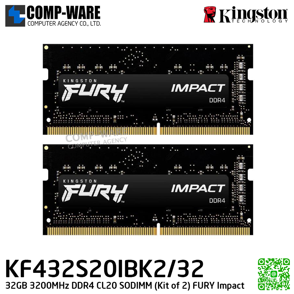 Kingston KF432S20IBK2/32 32GB 3200MHz DDR4 CL20 SODIMM (Kit of 2) FURY Impact - Lifetime Warranty - Memory Module - RAM