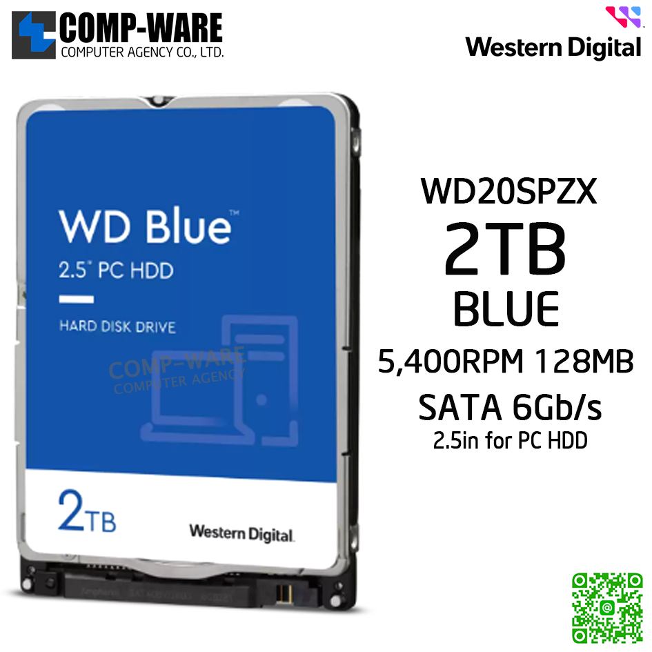 WD Blue 2.5in 2TB Notebook Laptop Hard Drive SATA 6Gb/s 5400RPM 128MB Cache (7MM) - WD20SPZX - PC Mobile Hard Drive - 3Y Warranty