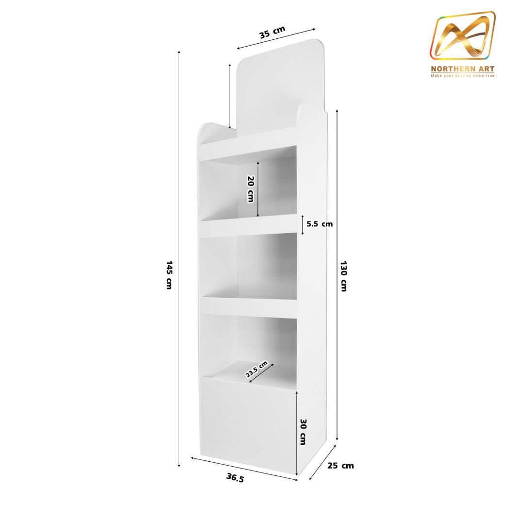 ชั้นวางสินค้าพลาสวูด 4 ชั้น ขนาด (W)36.5 x (D)25 x (H)145 ซม. พลาสวูดหนา 8 มม.พร้อมงานพิมพ์สติ๊กเกอร์