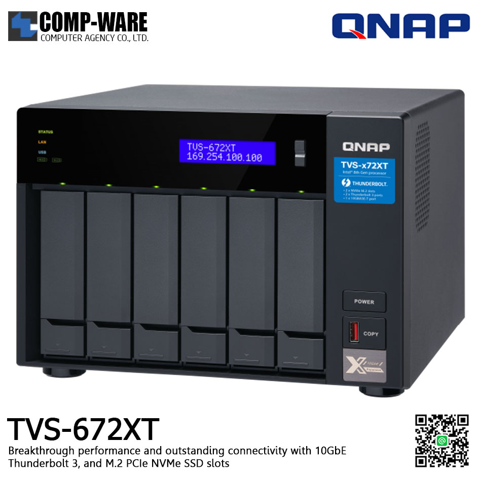 QNAP NAS (6-Bay) TVS-672XT Core i3-8100T (8GB RAM) Thunderbolt™3, M.2 SSD Slot, 10GbE - No HDD - TVS-672XT-i3-8G