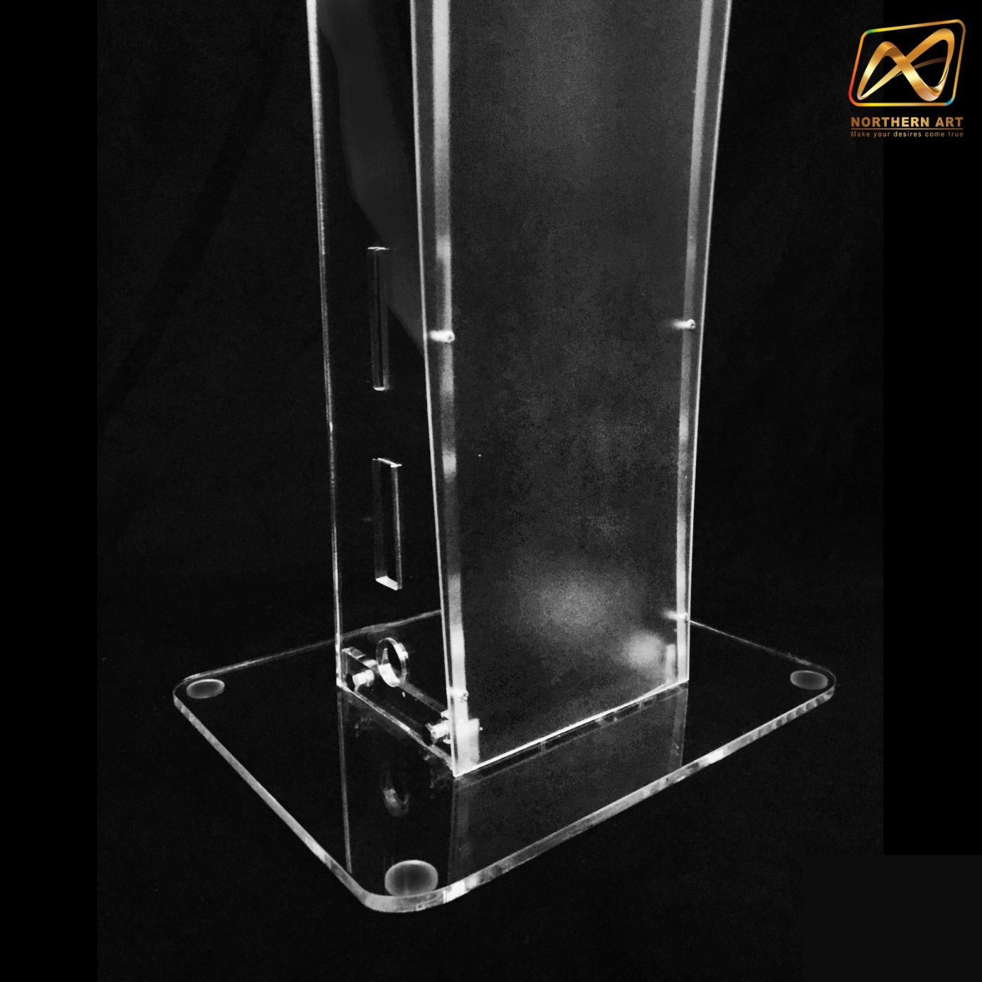 โพเดียมอะคริลิคใส รุ่น AC-11 ด้านหน้าอะคริลิคฝ้า TOP ตรง ขนาด (W)47 x (L)37 x (H)100.5 cm.