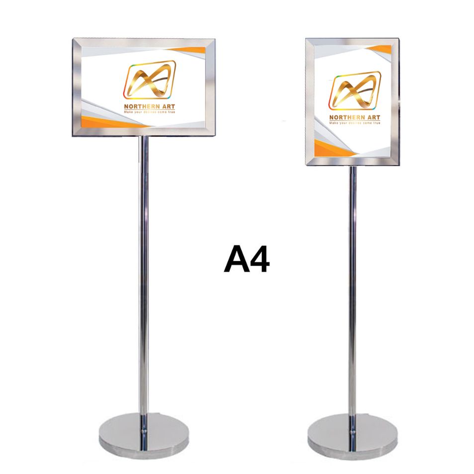 โปสเตอร์สแตนด์ สแตนเลส 304 ขนาด A4 ฐานกลม โชว์ภาพ2ด้าน พร้อมอะคริลิคใส 2 แผ่นประกบ