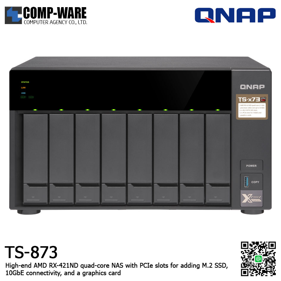 QNAP NAS (8-Bay) TS-873 (8GB RAM up to 64GB) AMD R-Series RX-421ND quad-core M.2 Dual-Slot Support, No HDD