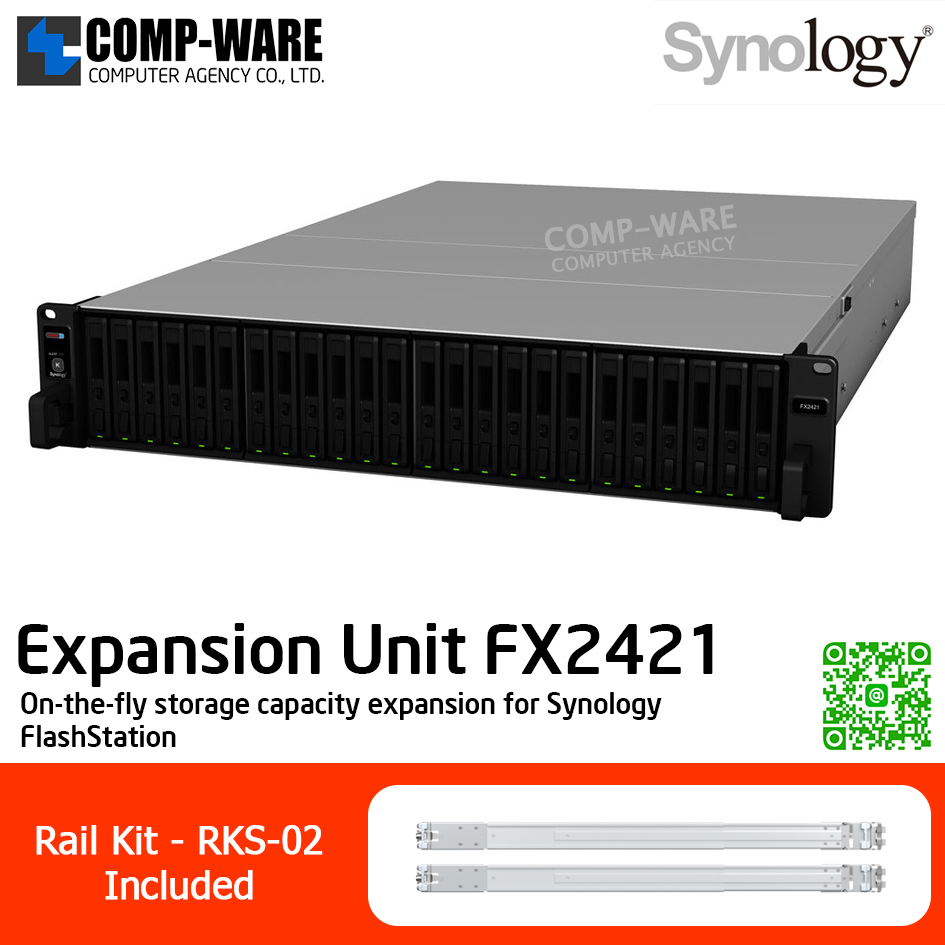 Synology Expansion Unit (2U 24-Bay 2.5in only) FX2421 Redundant Power Supply / Rail Kit RKS-02 / No HDD (For Synology FlashStation)