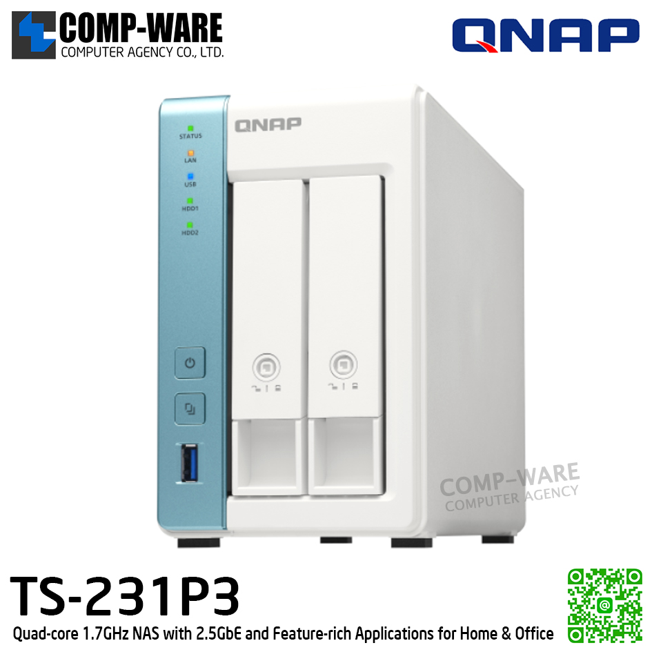 QNAP (Tower 2-Bay) TS-231P3-4G / Annapurna Labs Alpine AL-314 (4Core) / 2GB DDR3L SODIMM / 4 x 2.5" & 3.5" SATA 6Gb/s / 1 x 2.5GbE + 1 x GbE / Adapter Power / 2Y Warranty / No HDD