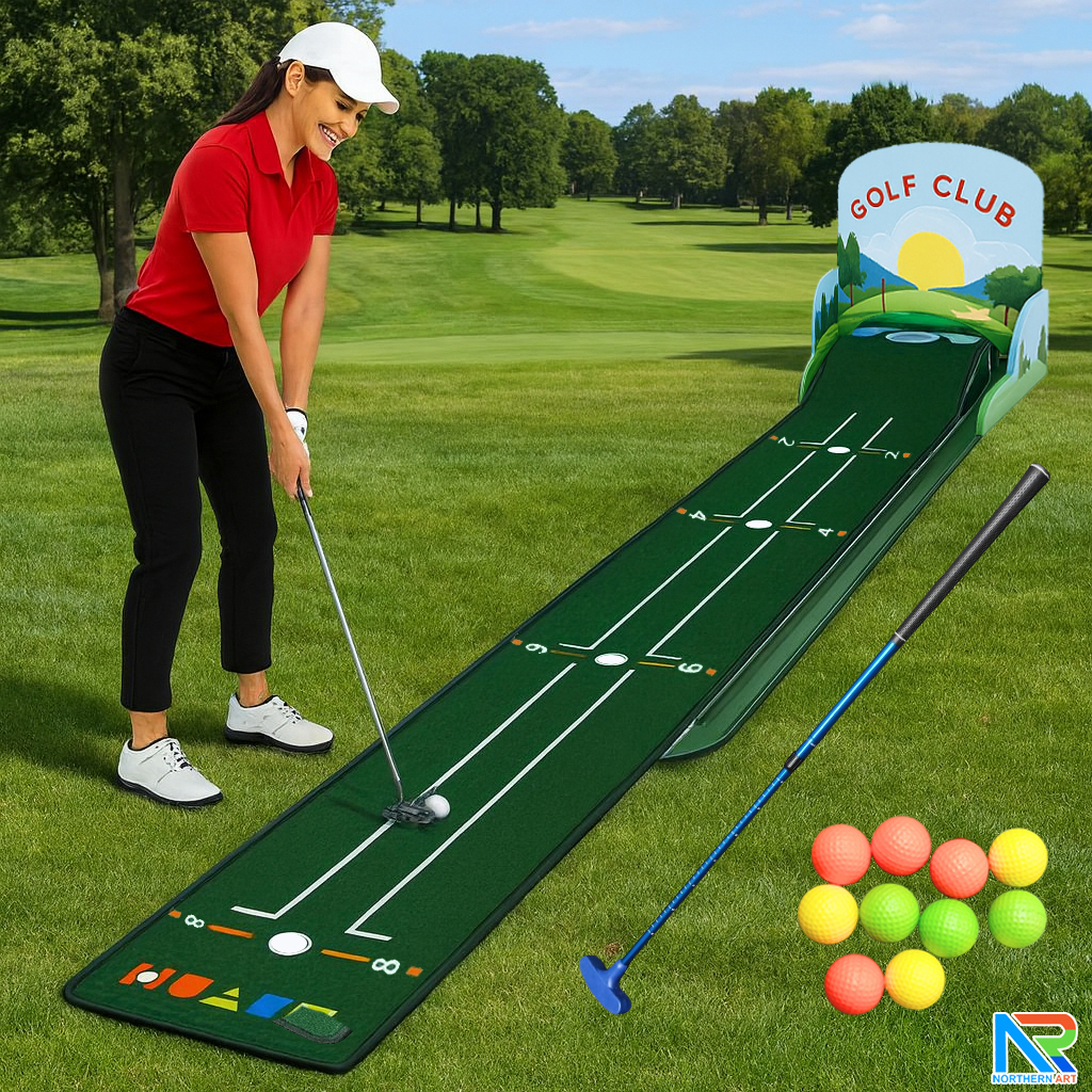 เกมส์กอล์ฟ ขนาด (W)30 x (L)284 x (H)10 cm. พร้อมไม้พัตเตอร์ปรับระดับได้ 1 อัน และลูกกอล์ฟโฟม 10 ลูก