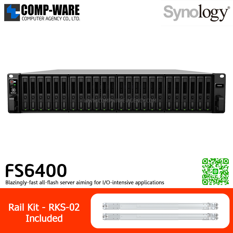 Synology FlashStation (2U 24-Bay 2.5'' SAS/SATA All-flash storage) FS6400 / 2 x Intel Xeon Silver 4110 / 32GB DDR4 RDIMM (Max. 512GB) / 2x1GbE Base T, 2x10GbE Base T / Redundant Power / Rail kit RKS-02 / No HDD / 5Y Warranty
