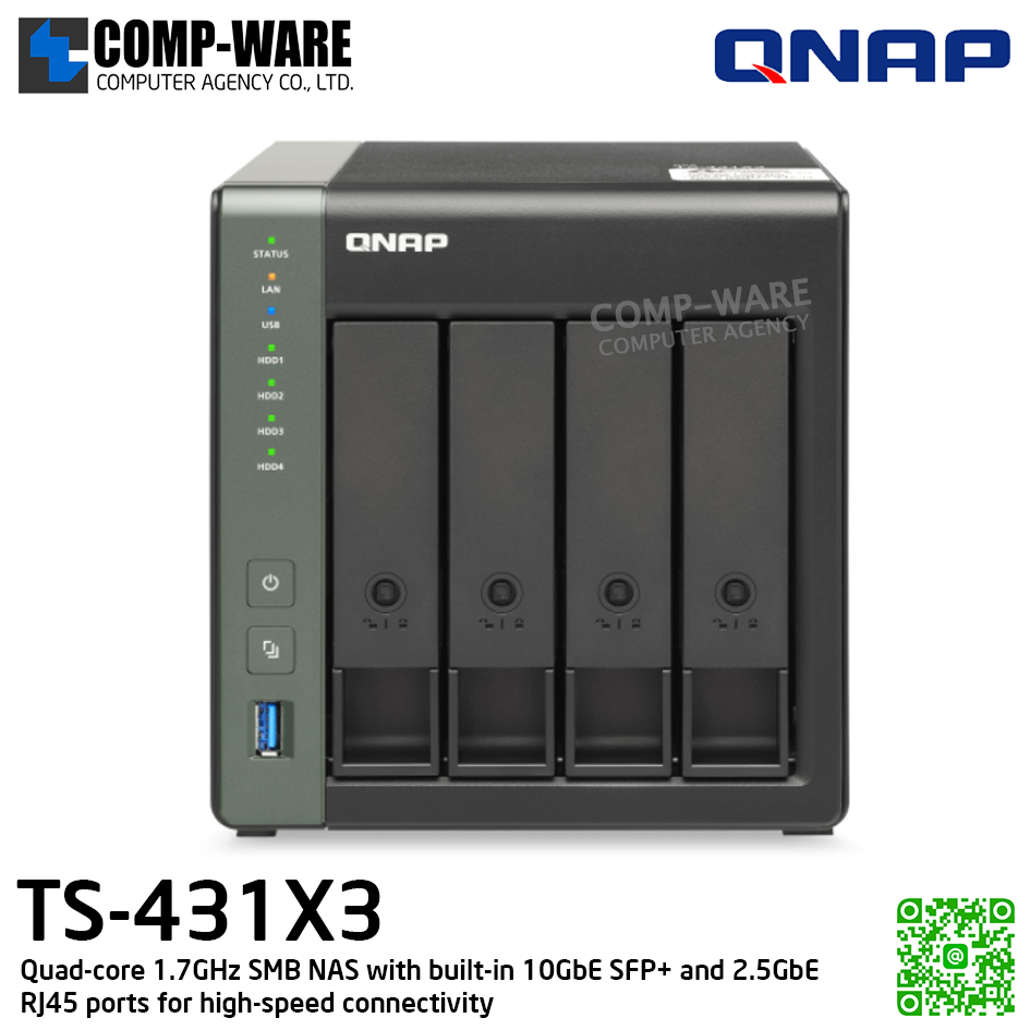 QNAP (Tower 4-Bay) TS-431X3-4G / Annapurna Labs Alpine AL314 (4Core) / 4GB DDR3L SODIMM / 4 x 2.5"/3.5" SATA 6Gbps / 1 x 10GbE SFP+, 1 x 2.5GbE + 1 x GbE / Adapter Power / 2Y Warranty / No HDD