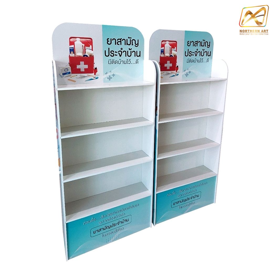 ชั้นวางสินค้าพลาสวูด 4 ชั้น ขนาด (W)60 x (D)20 x (H)140 ซม. พร้อมงานพิมพ์สติ๊กเกอร์ พลาสวูดหนา 8 มม.