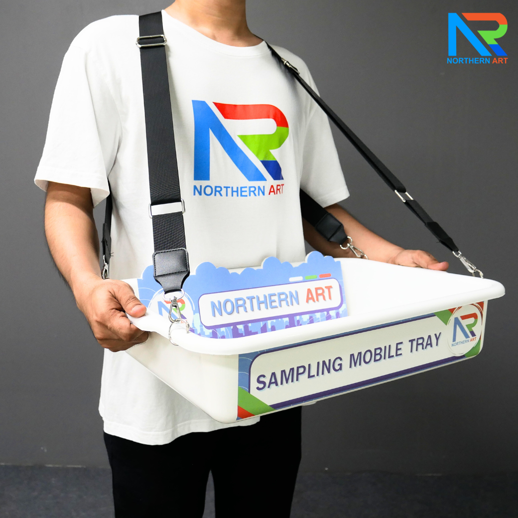 SAMPLING MOBILE TRAY ถาดแจกเคลื่อนที่ ขนาด (W)52 x (D)38 x (H)11 cm. ถาดพลาสติกสีขาวพร้อมสายคล้อง