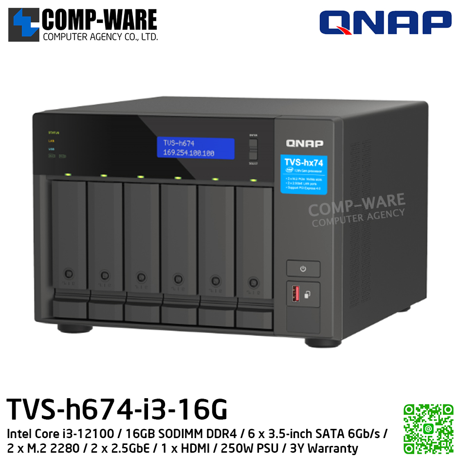 QNAP (Tower 6-Bay) TVS-h674-i3-16G / Intel Core i3-12100 / 16GB SODIMM DDR4 / 6 x 3.5-inch SATA 6Gb/s / 2 x M.2 2280 / 2 x 2.5GbE / 1 x HDMI / 250W PSU / 3Y Warranty / No HDD