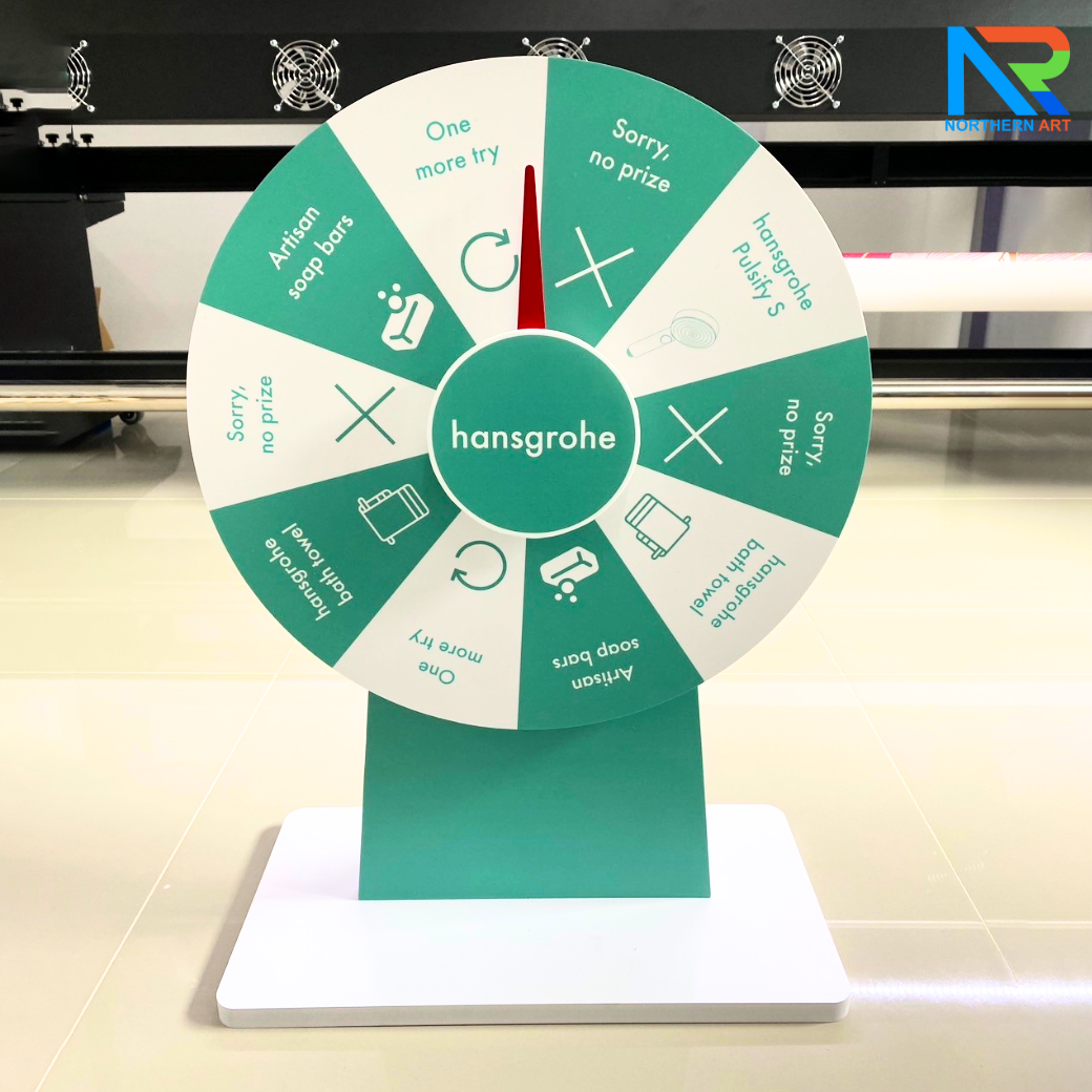 เกมส์วงล้อตั้งโต๊ะ ขนาดวงล้อ 40 ซม. สูง 56 ซม. วัสดุพลาสวูดสีขาว หนา 8-15 มม. ถอดประกอบได้