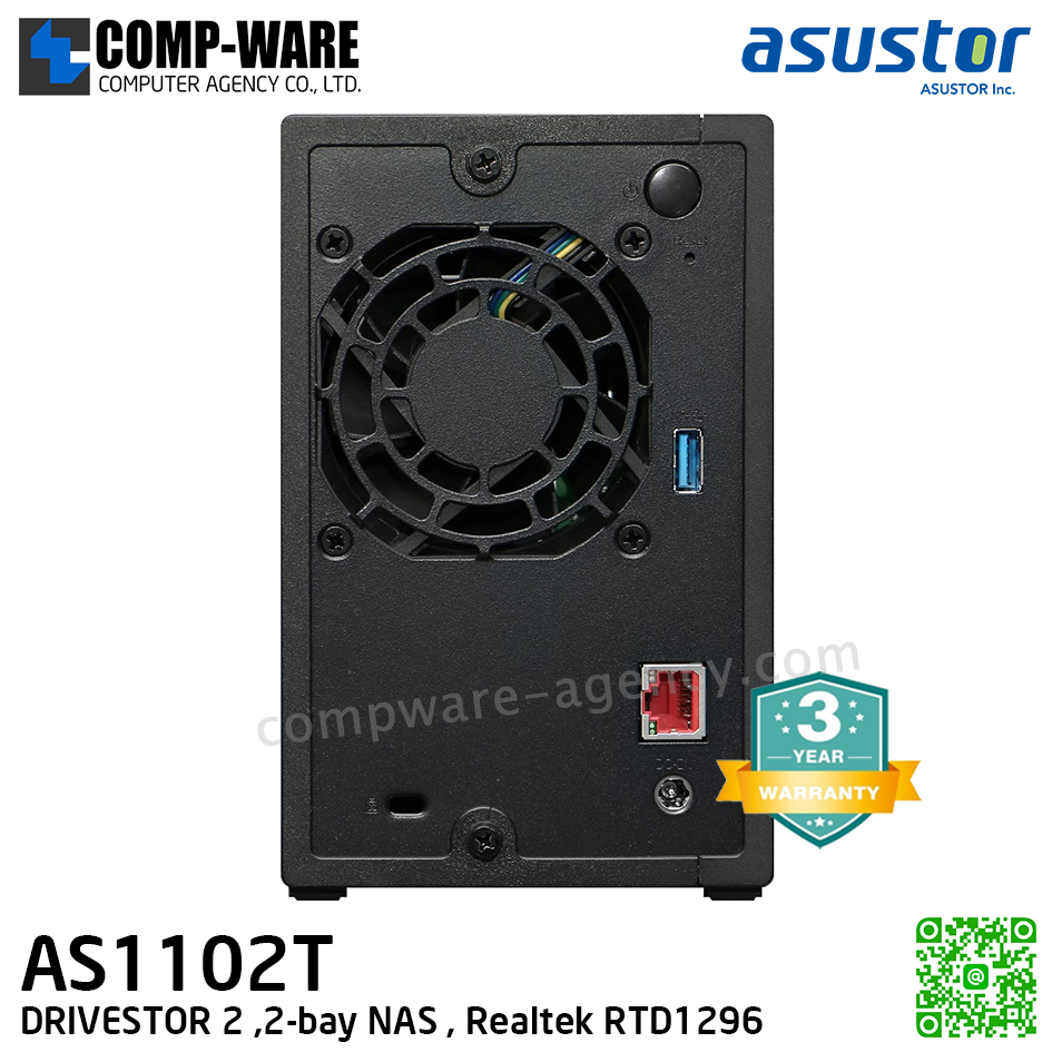 Asustor (2-Bay) AS1102T Realtek RTD1296, Quad-Core 1.4GHz, RAM 1GB, 2.5GbE x1, USB3.2 Gen1 x2, 3Years Warranty , No HDD
