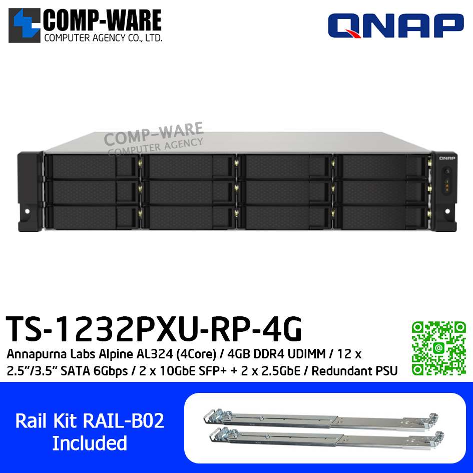 QNAP (2U 12-Bay) TS-1232PXU-RP-4G / Annapurna Labs Alpine AL324 (4Core) / 4GB DDR4 UDIMM / 12 x 2.5"/3.5" SATA 6Gbps / 2 x 10GbE SFP+ + 2 x 2.5GbE / Redundant PSU / 3Y Warranty / No HDD / Rail kit RAIL-B02
