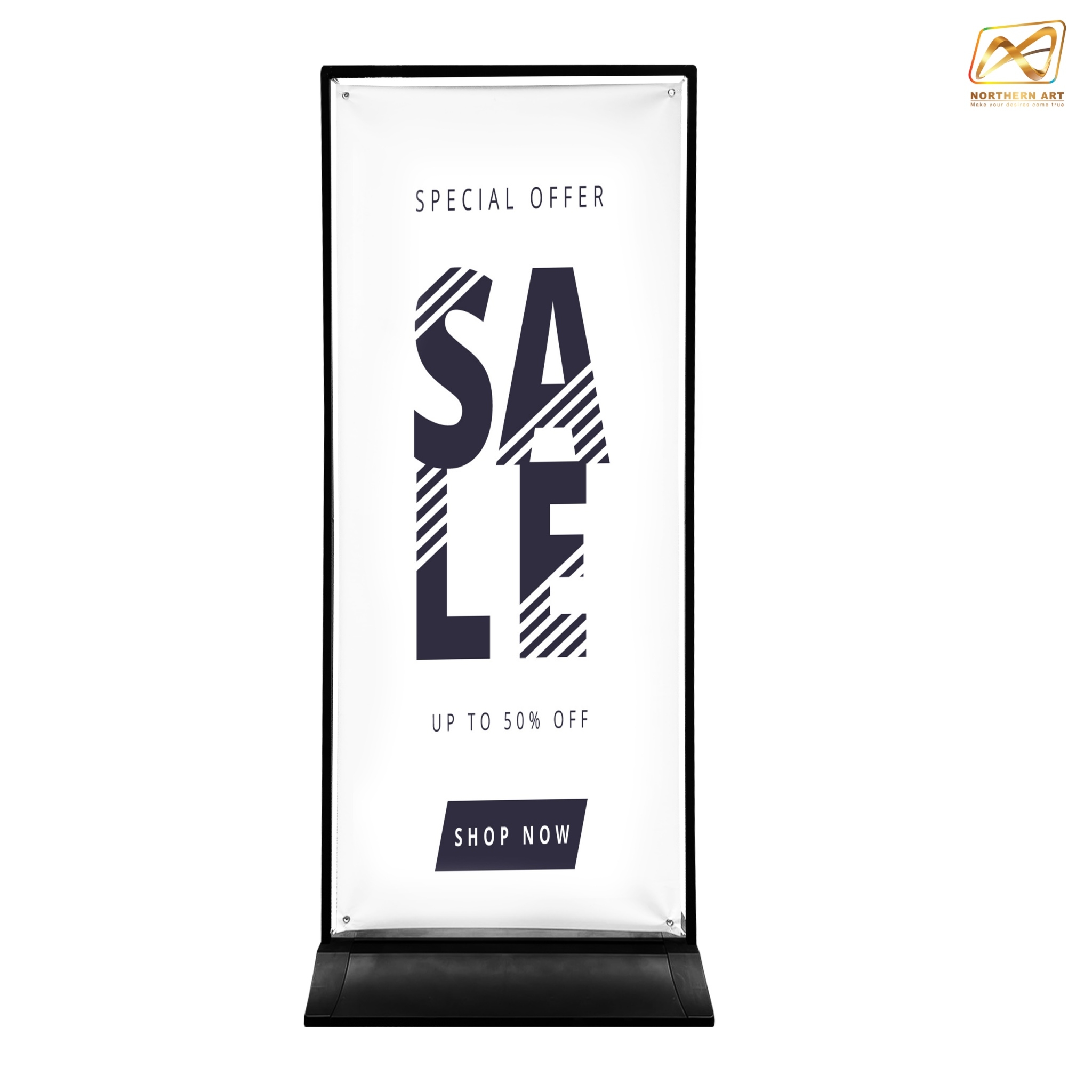 ป้ายตั้งพื้น รุ่นแขวน ฐานพลาสติกขึ้นรูป ขนาด 60x160 ซม. โครงเหล็กสีดำพร้อมขอแขวน 4 มุม ถอดประกอบได้ เคลื่อนย้ายสะดวก