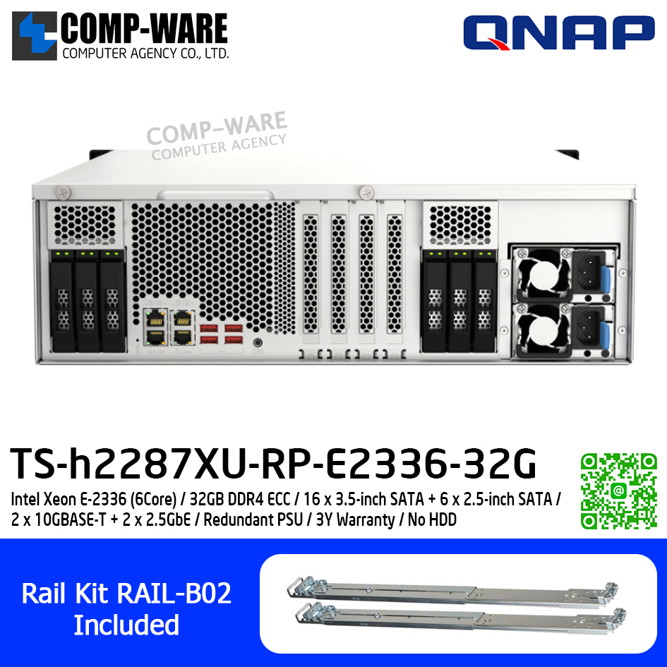 QNAP (3U 22-Bay) TS-h2287XU-RP-E2336-32G / Intel Xeon E-2336 (6Core) / 32GB DDR4 ECC / 16 x 3.5-inch SATA + 6 x 2.5-inch SATA / 2 x 10GBASE-T + 2 x 2.5GbE / Redundant PSU / 3Y Warranty / No HDD / Rail Kit RAIL-B02