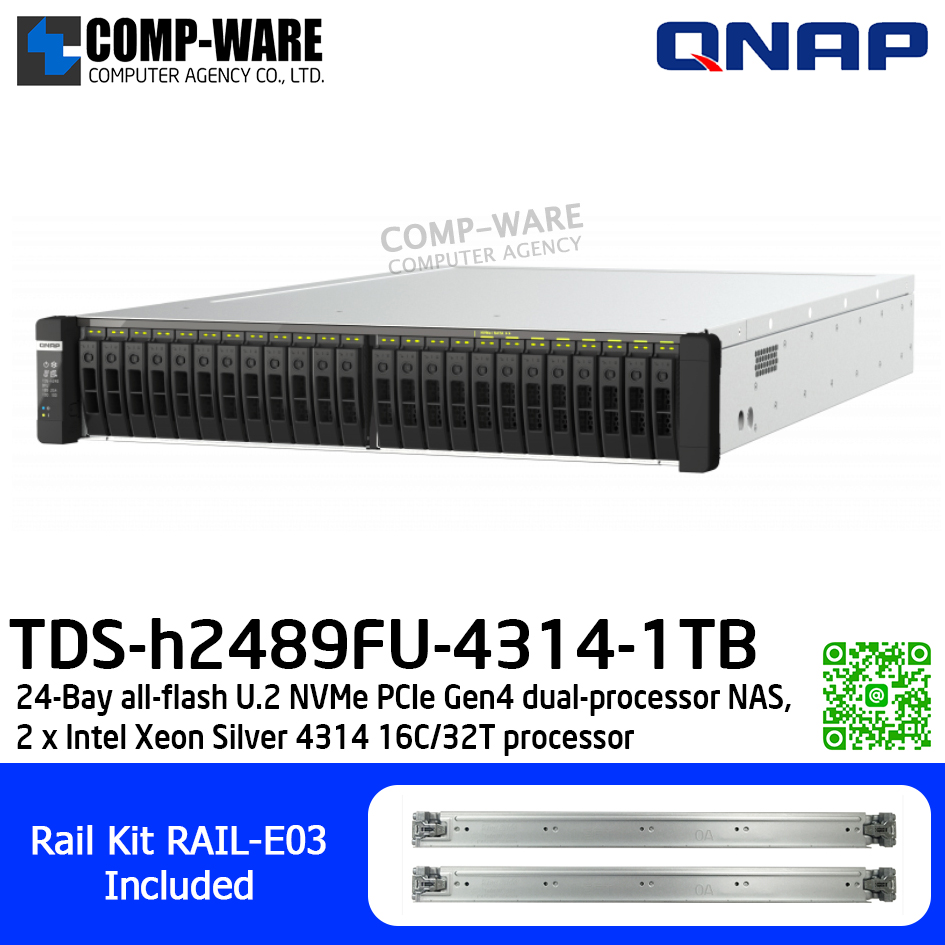 QNAP (2U 24-Bay) TDS-h2489FU-4314-1TB / 2 x Intel Xeon Silver 4314 (16C/32T) / 1TB RDIMM DDR4 ECC (32 x 32GB) / 24 x 2.5" NVMe Gen4 x4 U.2 / 4 x 2.5GbE + 2 x 25GbE SFP28 (PCIe card) / 1200W Redundant PSU / 5Y Warranty / No HDD / Rail Kit RAIL-E03