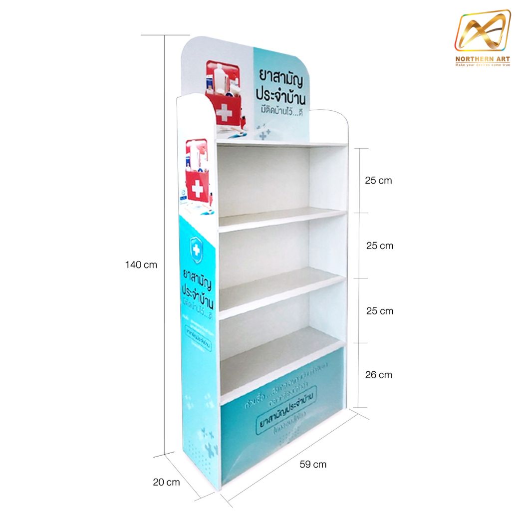 ชั้นวางสินค้าพลาสวูด 4 ชั้น ขนาด (W)60 x (D)20 x (H)140 ซม. พร้อมงานพิมพ์สติ๊กเกอร์ พลาสวูดหนา 8 มม.