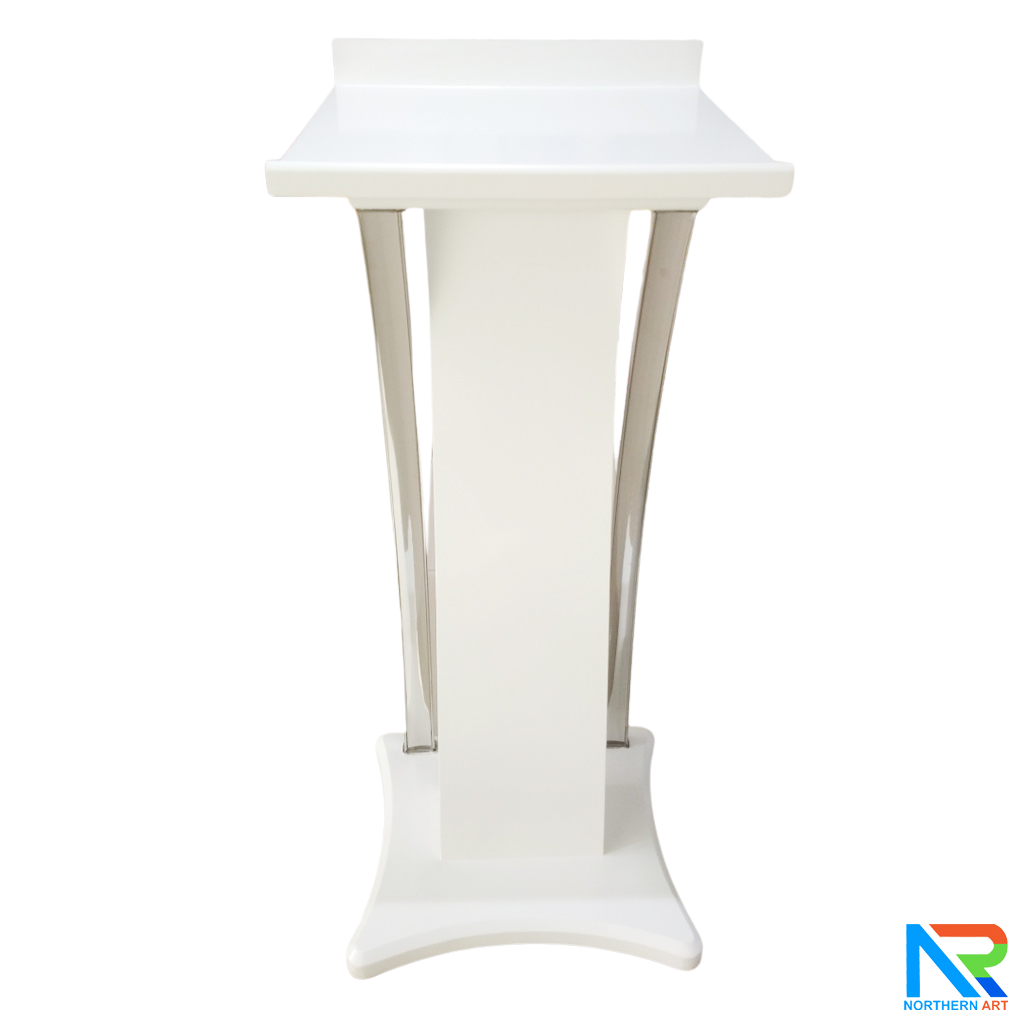 โพเดียมไม้ สีขาว ตกแต่งสแตนเลสเกรด304 ขนาด (W) 55 x (L) 50 x (H) 120 cm.