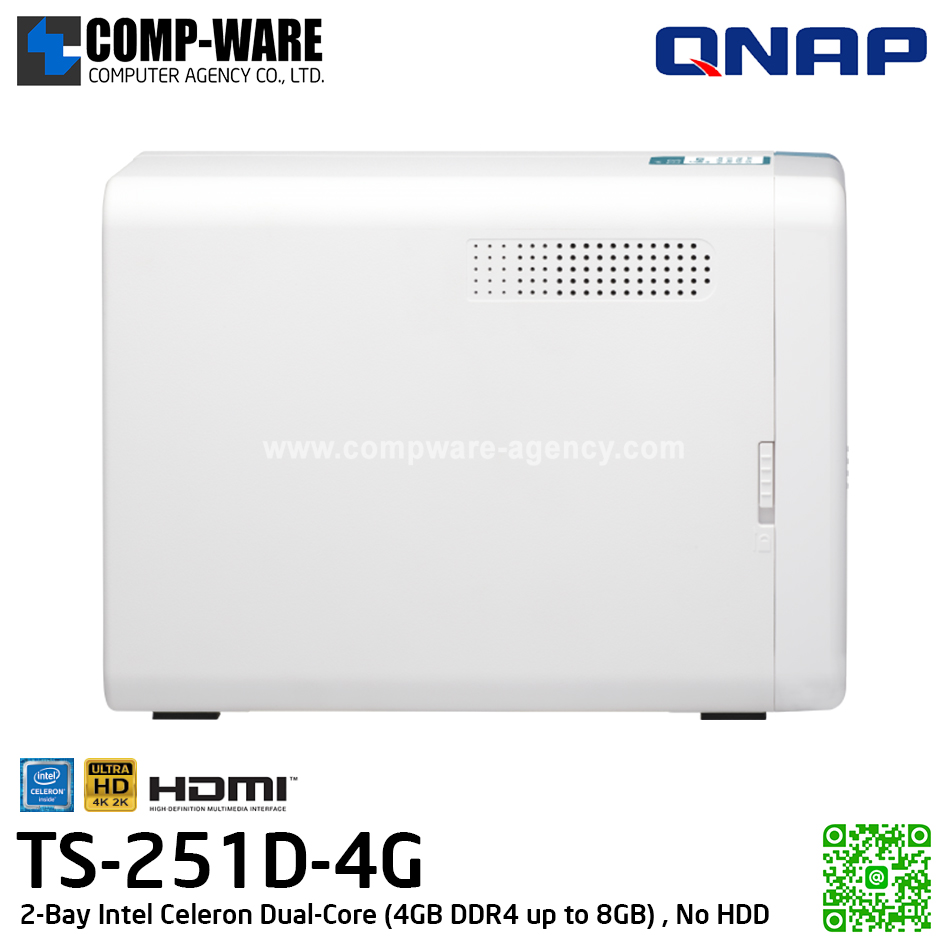 QNAP NAS (2-Bay) TS-251D (4GB DDR4 RAM up to 8GB) Intel Celeron J4005 Dual-Core HD Graphics 600, No HDD / TS-251D-4G