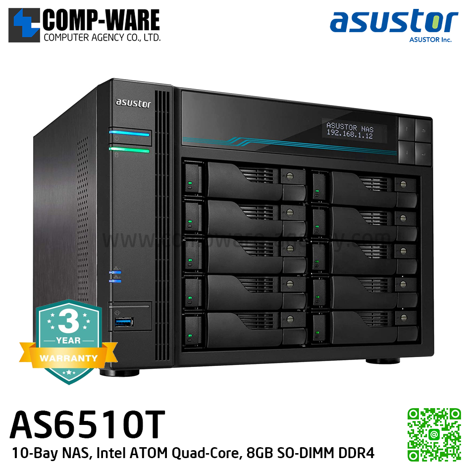 Asustor (10-Bay) AS6510T Intel ATOM C3538 2.1GHz Quad-Core (8GB DDR4 RAM) 3Years Warranty , No HDD