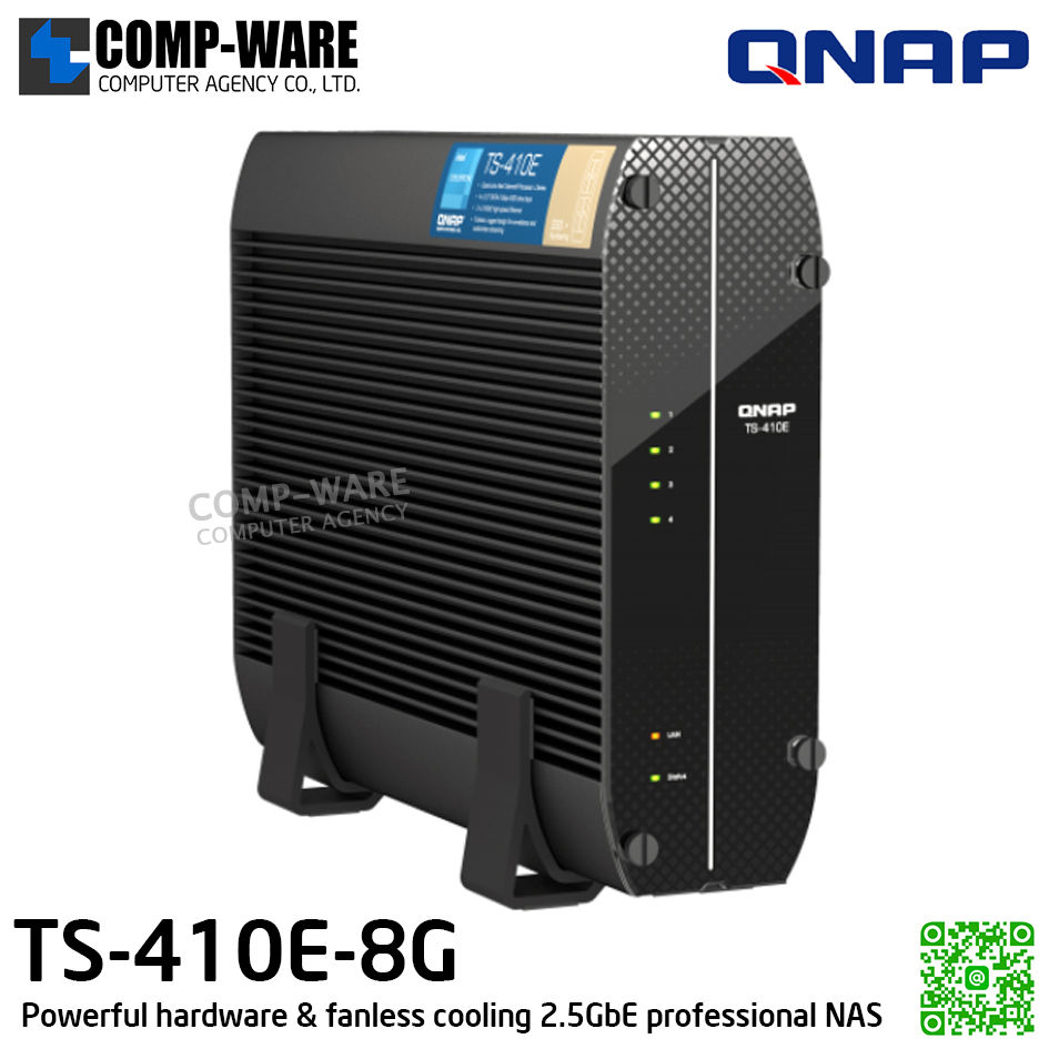 QNAP (Tower 4-Bay 2.5in) TS-410E-8G / Intel Celeron J6412 / 8GB on board / 4 x 2.5-inch SATA 6Gb/s / 2 x 2.5GbE / 1 x HDMI 1.4b / Adapter Power / 3Y Warranty / No HDD