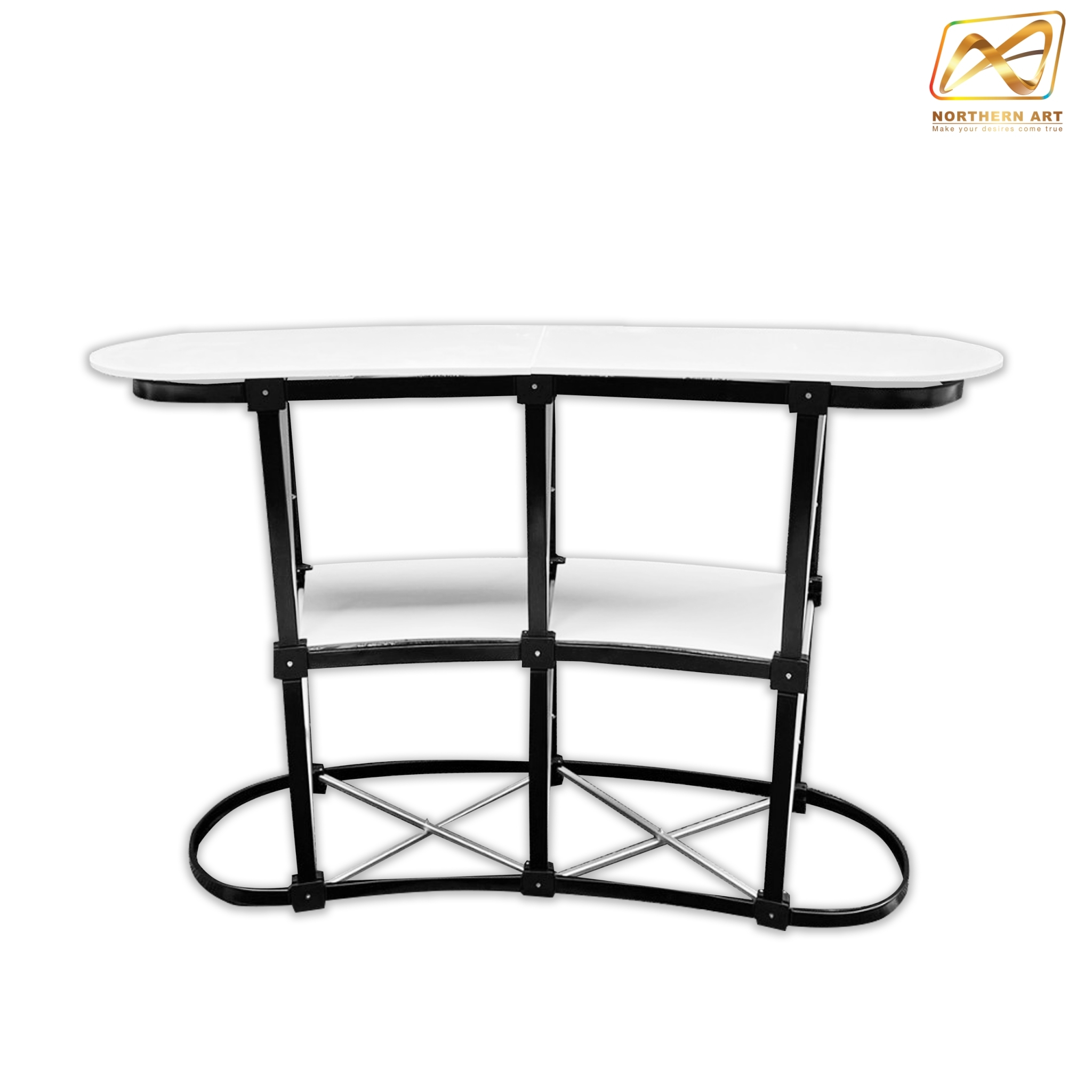 เคาน์เตอร์สำเร็จรูป รุ่นโค้ง TOPสีขาว มีช้นวาง ขนาด (W)133 x (D)39 x (H) 90 cm.โครงอะลูมิเนียม พับเก็บได้ เคลื่อนย้ายสะดวก