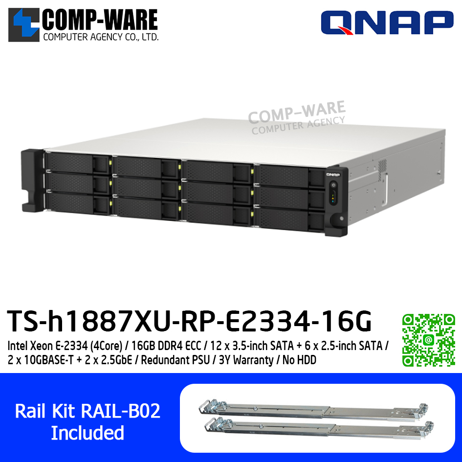 QNAP (2U 18-Bay) TS-h1887XU-RP-E2334-16G / Intel Xeon E-2334 (4Core) / 16GB DDR4 ECC / 12 x 3.5-inch SATA + 6 x 2.5-inch SATA / 2 x 10GBASE-T + 2 x 2.5GbE / Redundant PSU / 3Y Warranty / No HDD / Rail Kit RAIL-B02