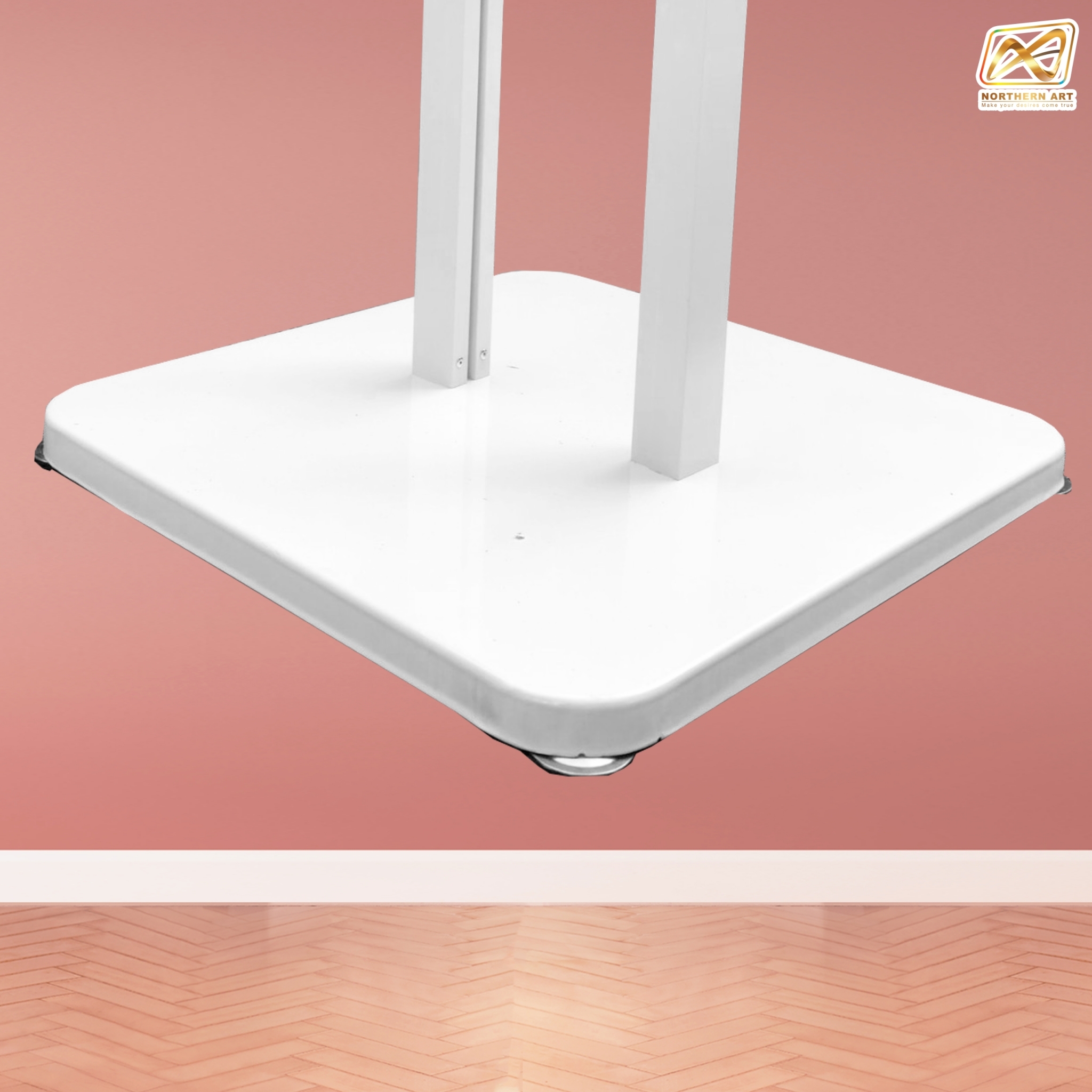 โปสเตอร์สแตนด์ อะลูมิเนียม สีขาว เสาคู่ ขนาด (W)60 x (L)44 x (H)153 cm. ฐานเหล็กสี่เหลี่ยม สอดงานพิมพ์ด้านบน โชว์งานพิมพ์ 2 ด้าน ถอดประกอบได้