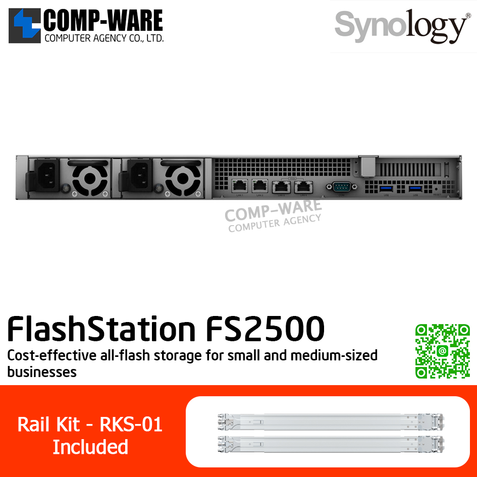 Synology FlashStation (1U 12-Bay 2.5'' SATA SSD All-flash storage) FS2500 / AMD Ryzen V1780B / 8GB DDR4 ECC UDIMM (Max. 32GB) / 2x1GbE Base T, 2x10GbE Base T / Redundant Power / Rail kit RKS-01 / No HDD / 5Y Warranty