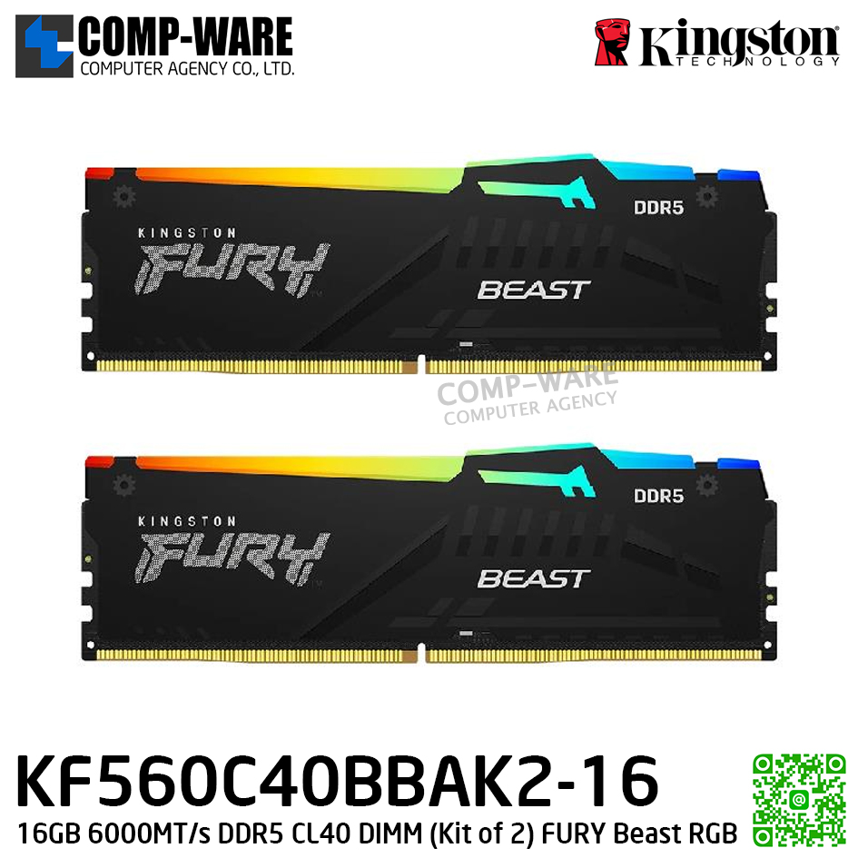Kingston KF560C40BBAK2-16 16GB 6000MT/s DDR5 CL40 DIMM (Kit of 2) FURY Beast RGB - Lifetime Warranty - Memory Module - RAM