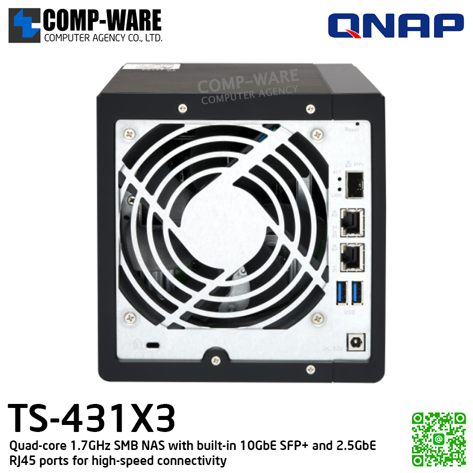 QNAP (Tower 4-Bay) TS-431X3-4G / Annapurna Labs Alpine AL314 (4Core) / 4GB DDR3L SODIMM / 4 x 2.5"/3.5" SATA 6Gbps / 1 x 10GbE SFP+, 1 x 2.5GbE + 1 x GbE / Adapter Power / 2Y Warranty / No HDD