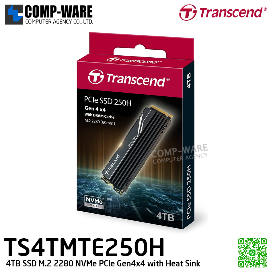 Transcend MTE250H 4TB SSD M.2 2280 NVMe PCIe Gen4x4 with Heat Sink , 3D TLC , TS4TMTE250H - 5Y Warranty