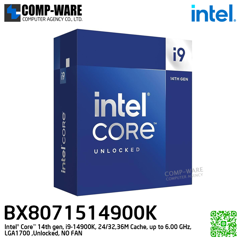 CPU BX8071514900K Intel Core 14th gen, i9-14900K, 24/32,36M Cache, up to 6.00 GHz, LGA1700, Unlocked ไมมีพัดลม - 3Y Warranty
