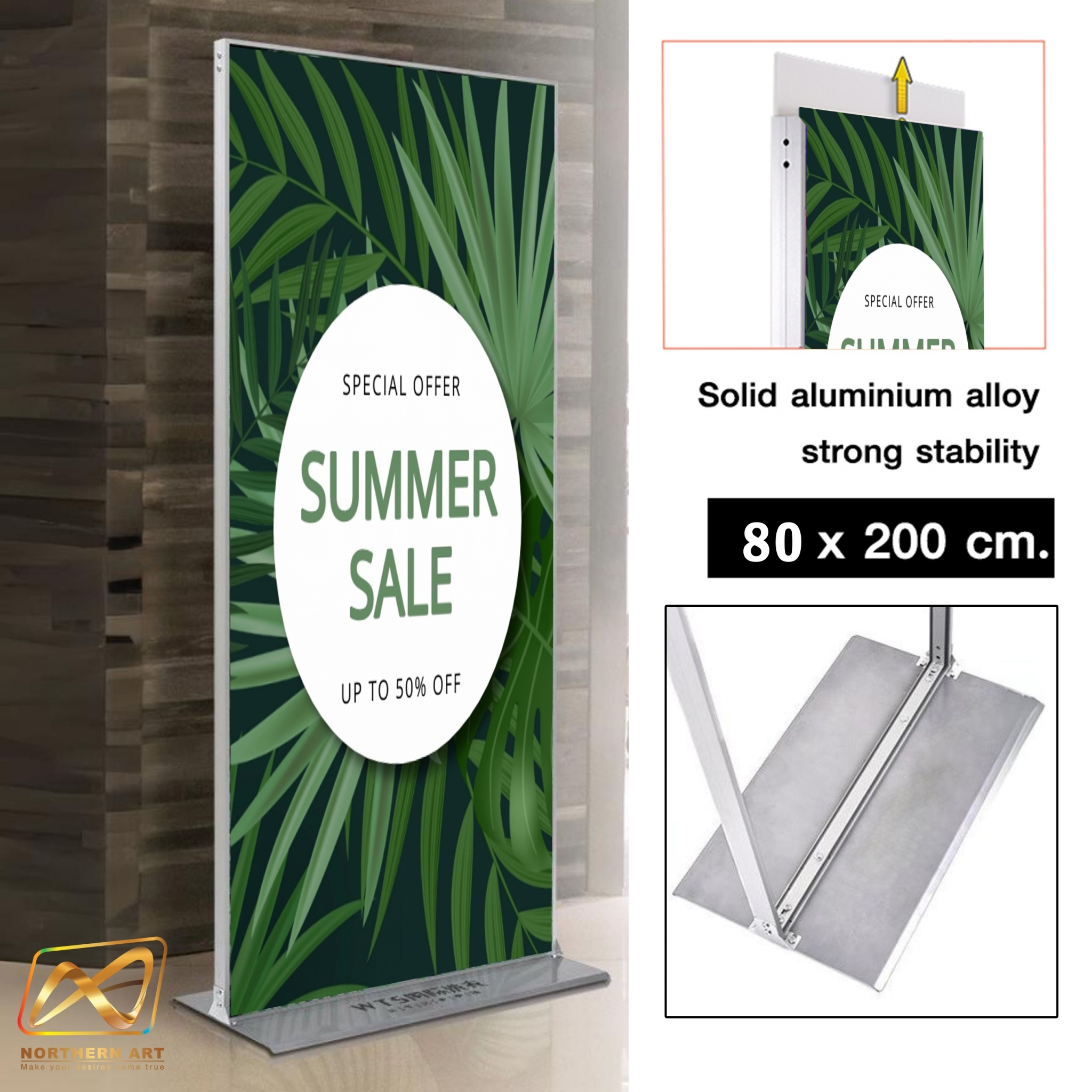 ป้ายตั้งพื้น รุ่นLUXURY ขนาด 80x200 ซม. โครงอะลูมิเนียม ฐานเหล็กหนา โชว์งานพิมพ์ 2 ด้าน ถอดประกอบได้