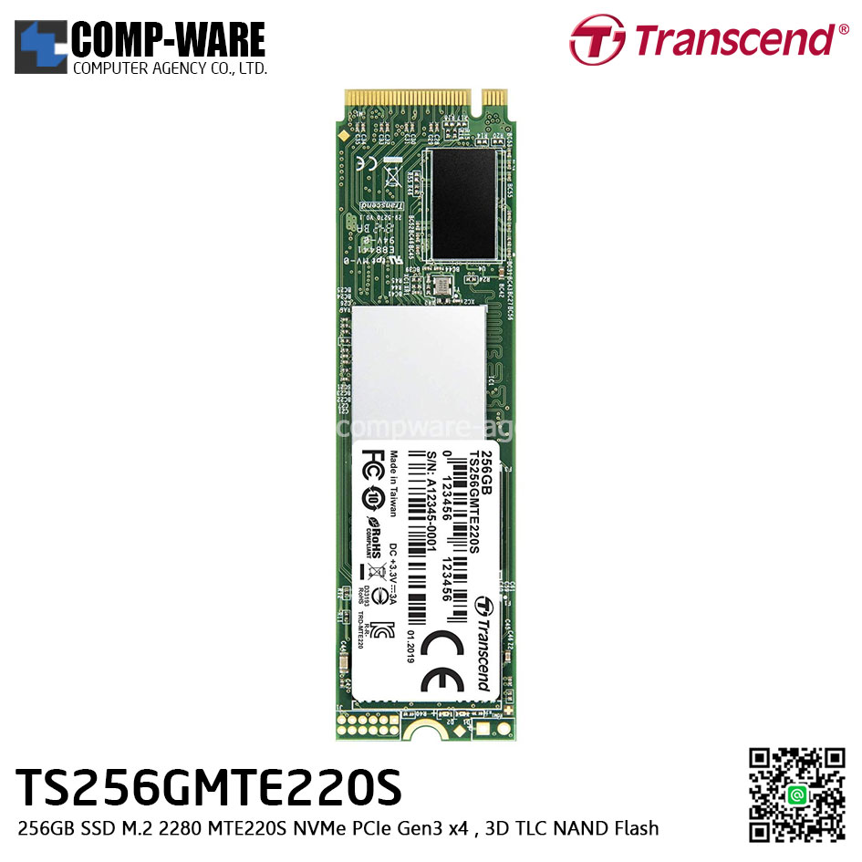 Transcend MTE220S 256GB SSD M.2 2280 NVMe PCIe Gen3 x4 , 3D TLC NAND Flash TS256GMTE220S - 5Y Warranty