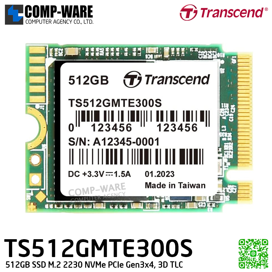 Transcend MTE300S 512GB SSD M.2 2230 NVMe PCIe Gen3x4, 3D TLC , TS512GMTE300S - 5Y Warranty