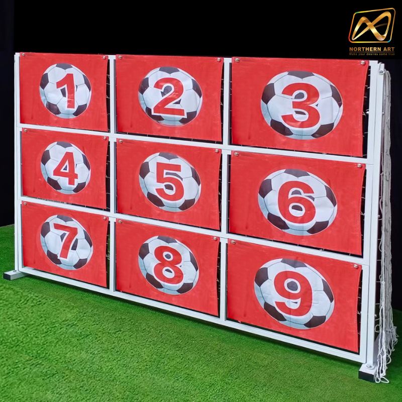 เกมส์ฟุตบอล ขนาด (W)303 x (D)99.5 x (H)200 cm.โครงเหล็กสีขาว พร้อมป้ายเลข 1-9 แถมลูกบอล 2 ลูก