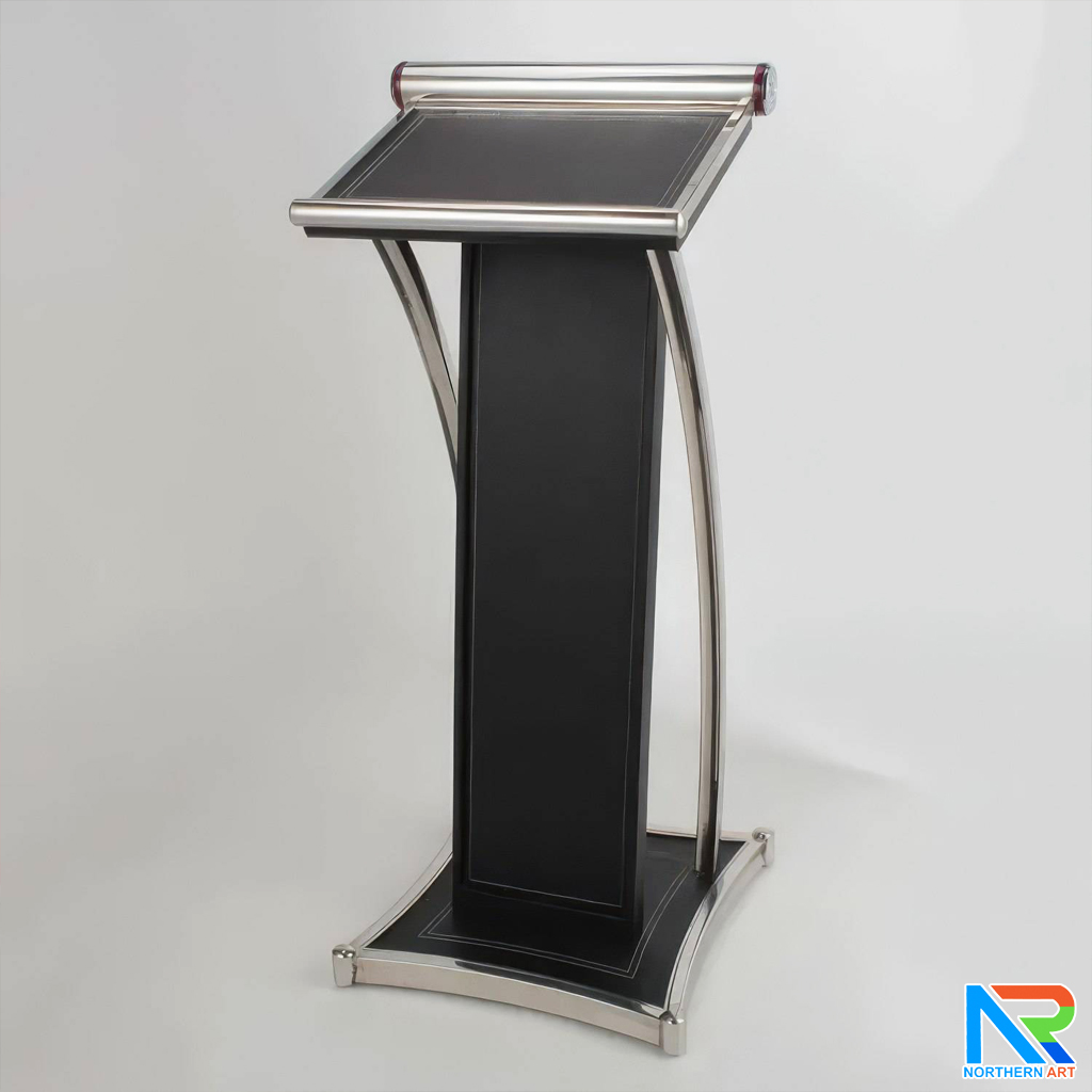 PODIUM โพเดียมไม้ MDF หุ้มหนังสีดำ ตกแต่งโค้งสแตนเลส ด้านข้าง Top และฐานหุ้มสแตนเลส