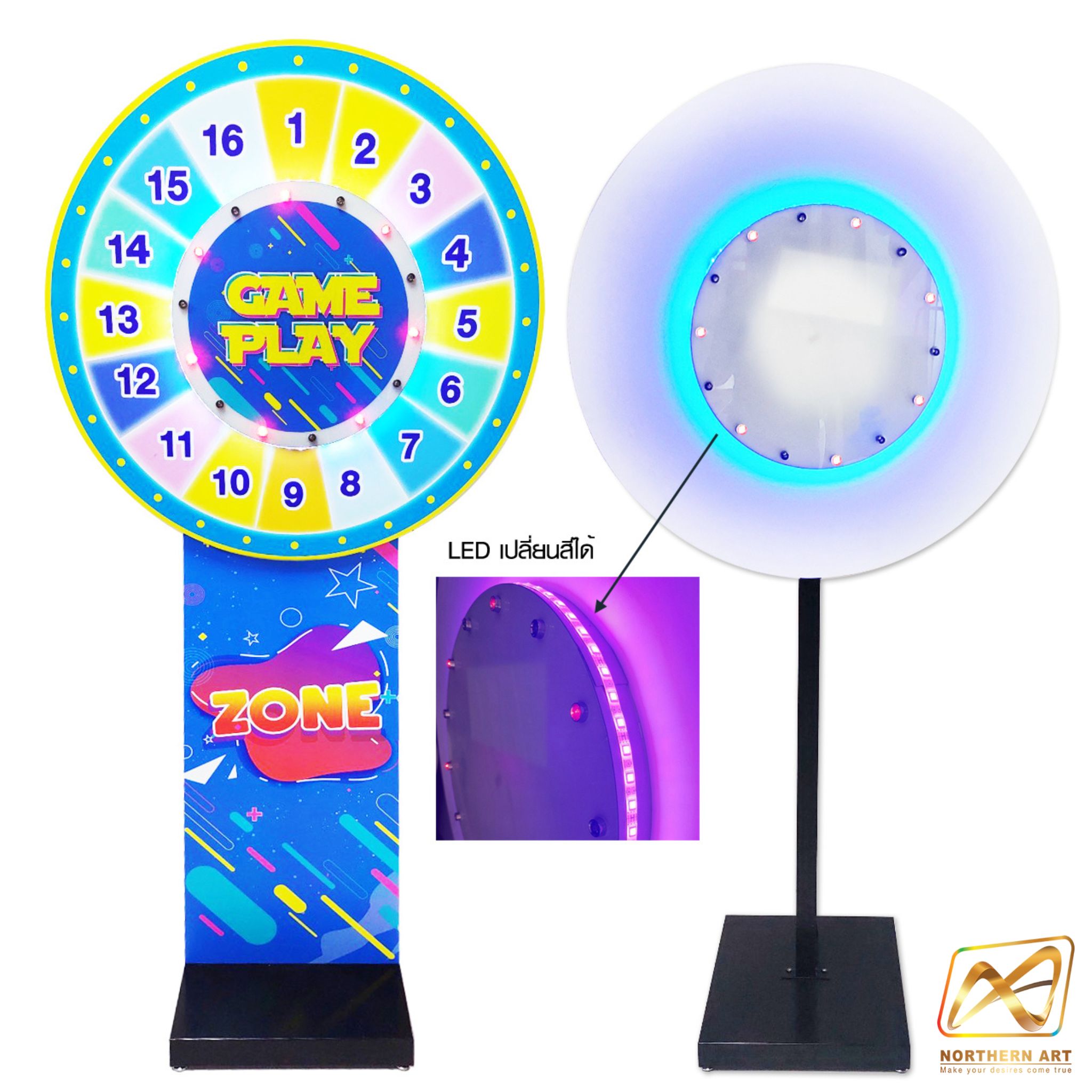 เช่าเกมส์วงล้อ LED ตั้งพื้น รุ่นไฟวิ่ง ระบบสัมผัส พร้อมไฟกระพริบเปลี่ยนสีได้ ขนาดวงล้อ 80 ซม.สูง 170 ซม. สามารถเปิดสปอร์ตโฆษณาได้ มีลำโพงในตัว