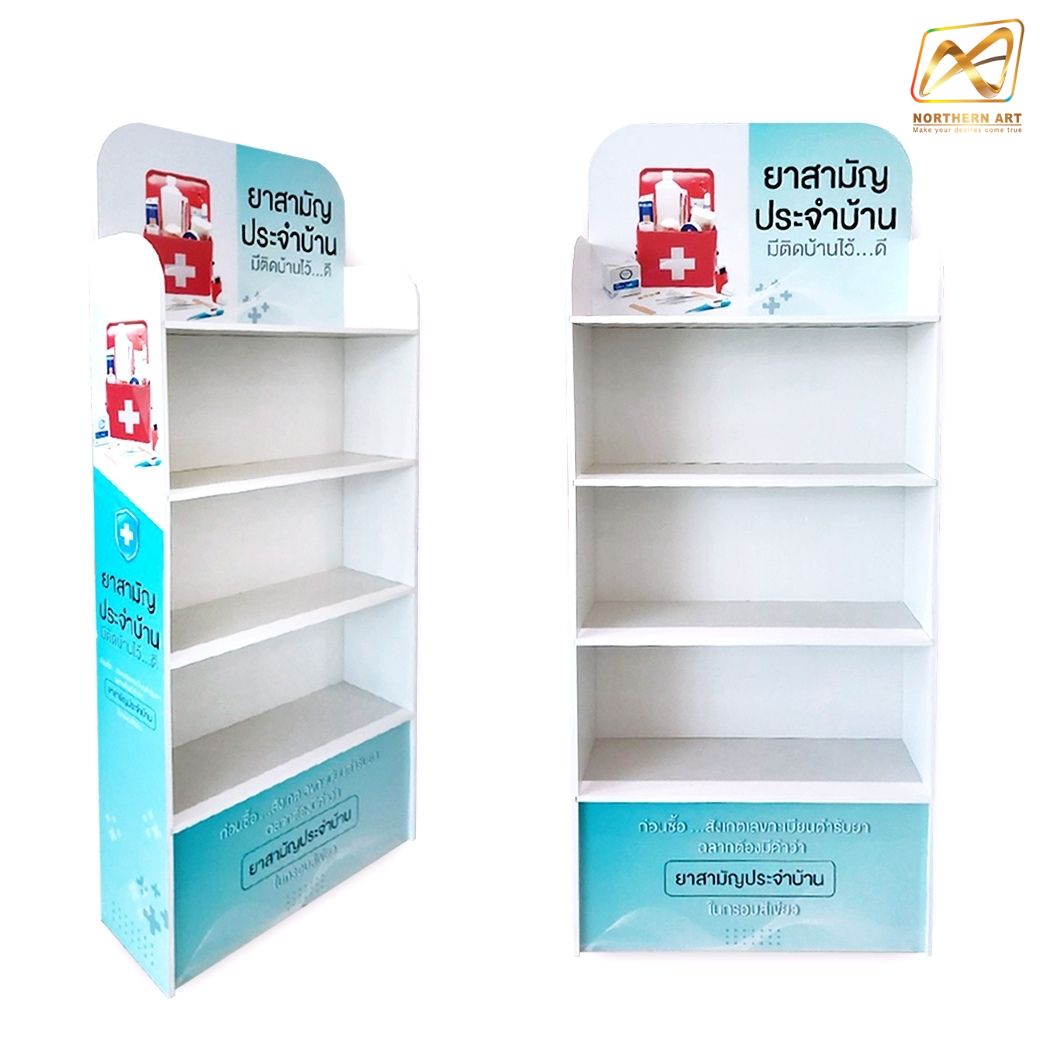 ชั้นวางสินค้าพลาสวูด 4 ชั้น ขนาด (W)60 x (D)20 x (H)140 ซม. พร้อมงานพิมพ์สติ๊กเกอร์ พลาสวูดหนา 8 มม.