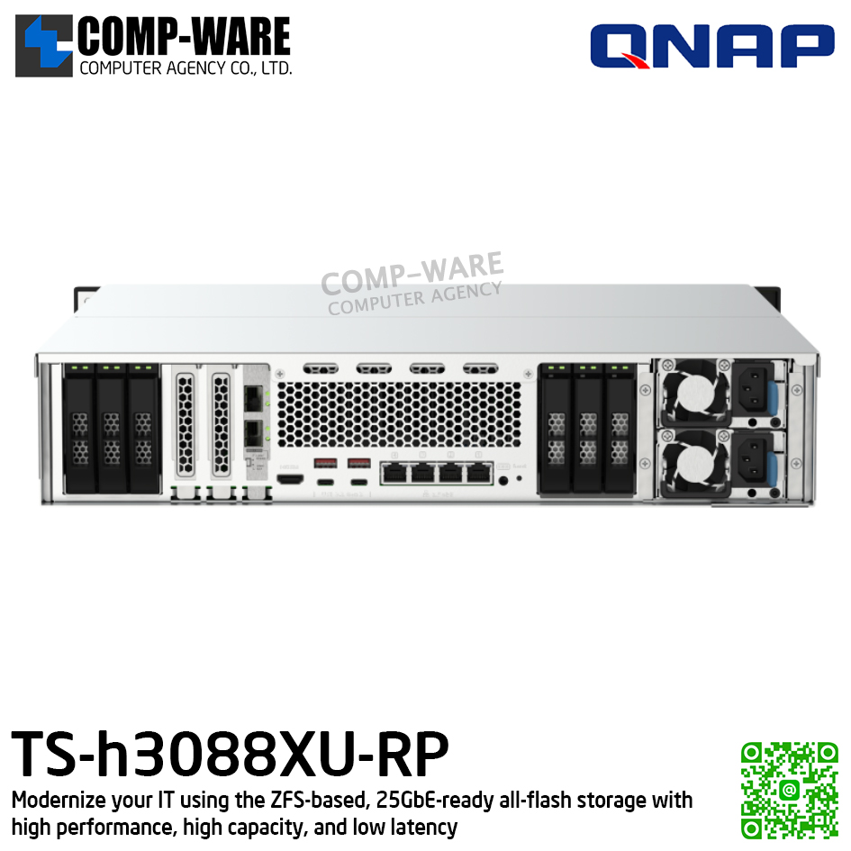 QNAP (2U 30-Bay) TS-h3088XU-RP-W1250-32G / Intel Xeon W-1250 (6Core) / 32GB UDIMM DDR4 ECC / 30 x 2.5" SATA 6Gbps / 2 x 25GbE SFP28 + 4 x 2.5GbE / 550W Redundant PSU / 3Y Warranty / No HDD / Rail Kit RAIL-A03-57