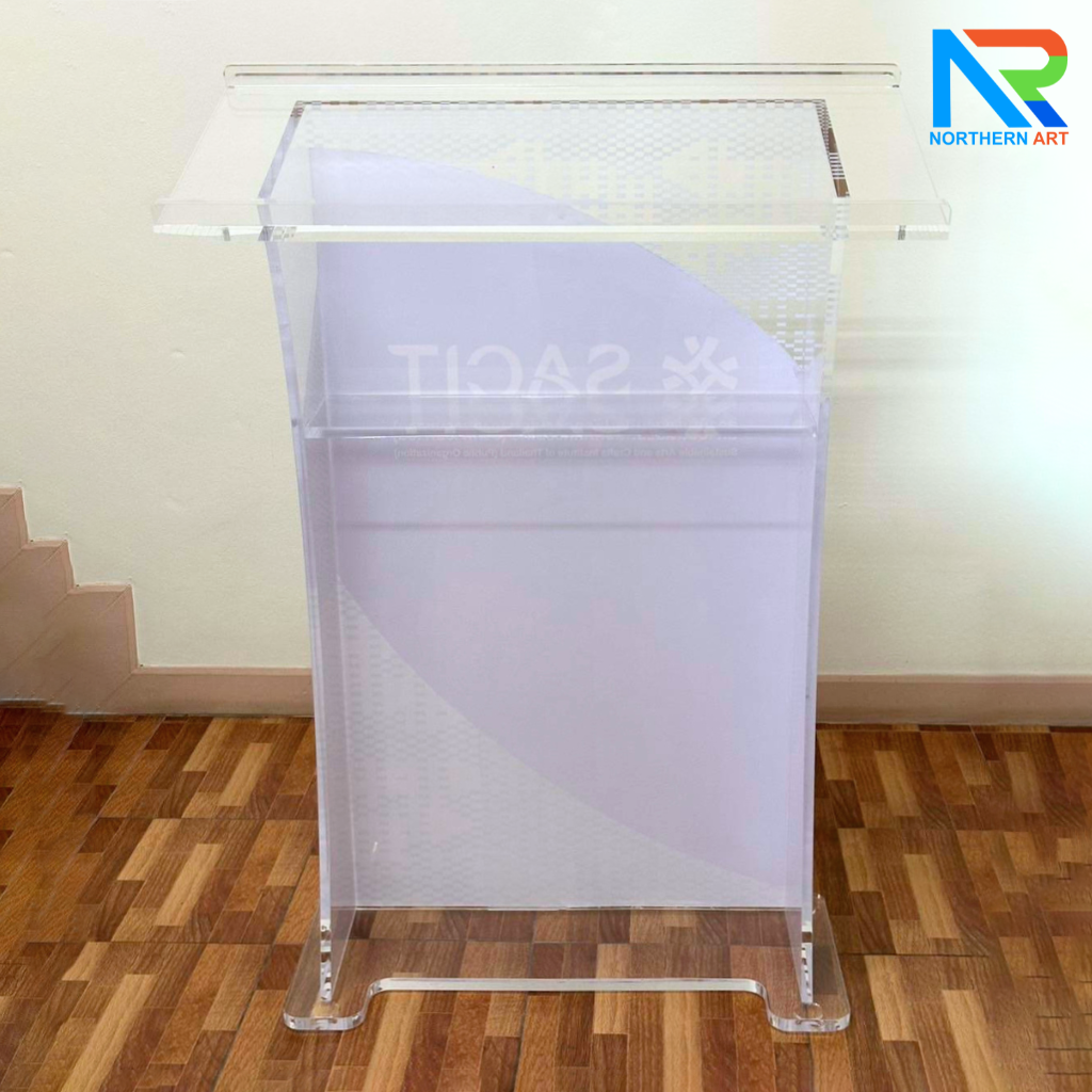 โพเดียม อะคริลิคใส AC-10 ขนาด(W)90 x (L)50 x (H)125 cm. TOP เอียงพร้อมกันตก วัสดุอะคริลิคใส หนา 15-20 มม.