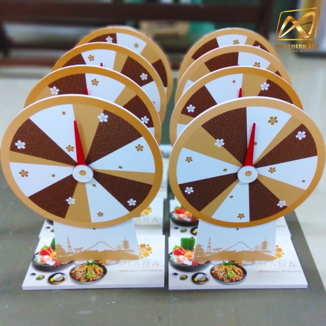 เกมส์วงล้อตั้งโต๊ะ ขนาดวงล้อ 40 ซม. สูง 56 ซม. วัสดุพลาสวูดสีขาว หนา 8-15 มม. ถอดประกอบได้