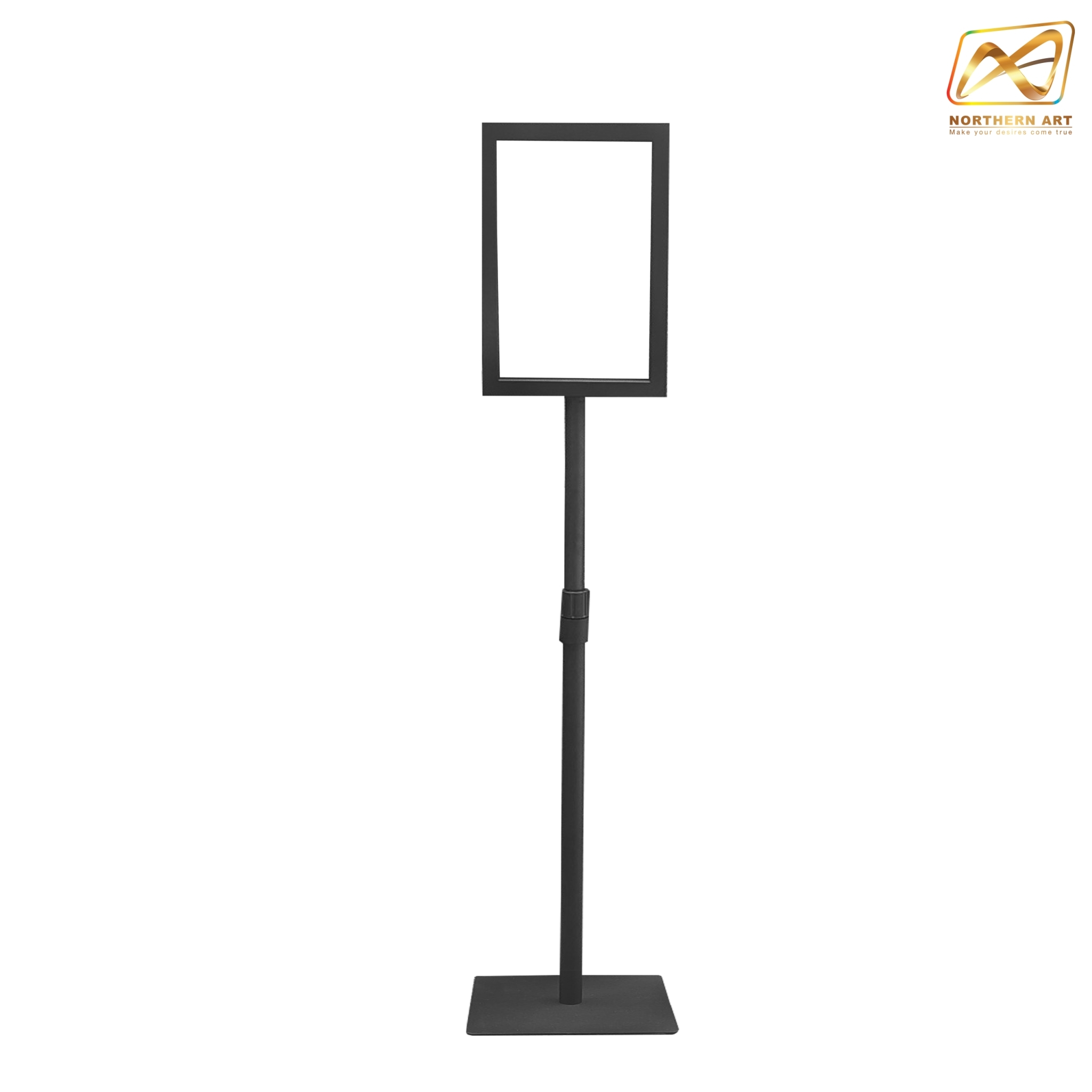 เช่าโปสเตอร์สแตนด์เหล็ก A4 สีดำ เสาเดี่ยว ปรับสูง-ต่ำได้ ฐานสี่เหลี่ยม โชว์งานพิมพ์ 2 ด้าน ถอดประกอบได้ เคลื่อนย้ายสะดวก