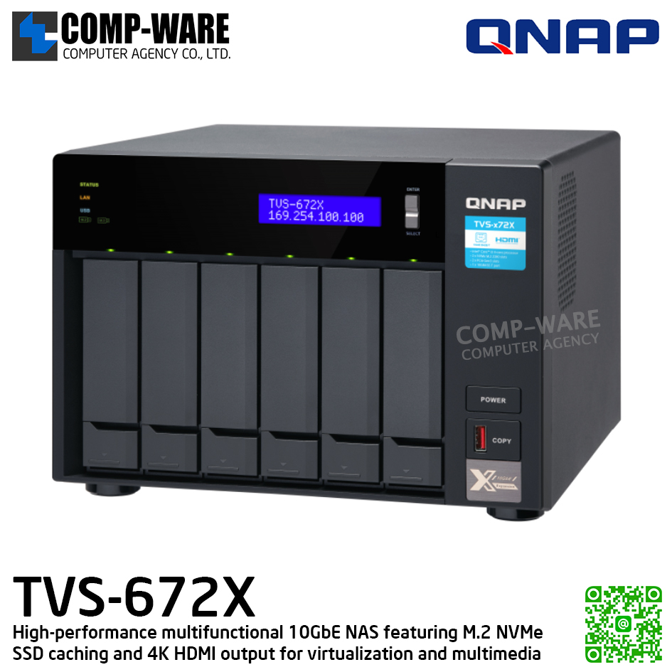 QNAP (Tower 6-Bay) TVS-672X-i3-8G / Intel Core i3-8100T (6Core) / 8GB (1x 8GB) DDR4 SODIMM / 6x 2.5"/3.5" SATA, 2x M.2 2280 PCIe Gen3 x2 / 2xGigaLan, 1 x 10GBASE-T Multi-Gig / 250W Single PSU / 2Y Warranty / No HDD