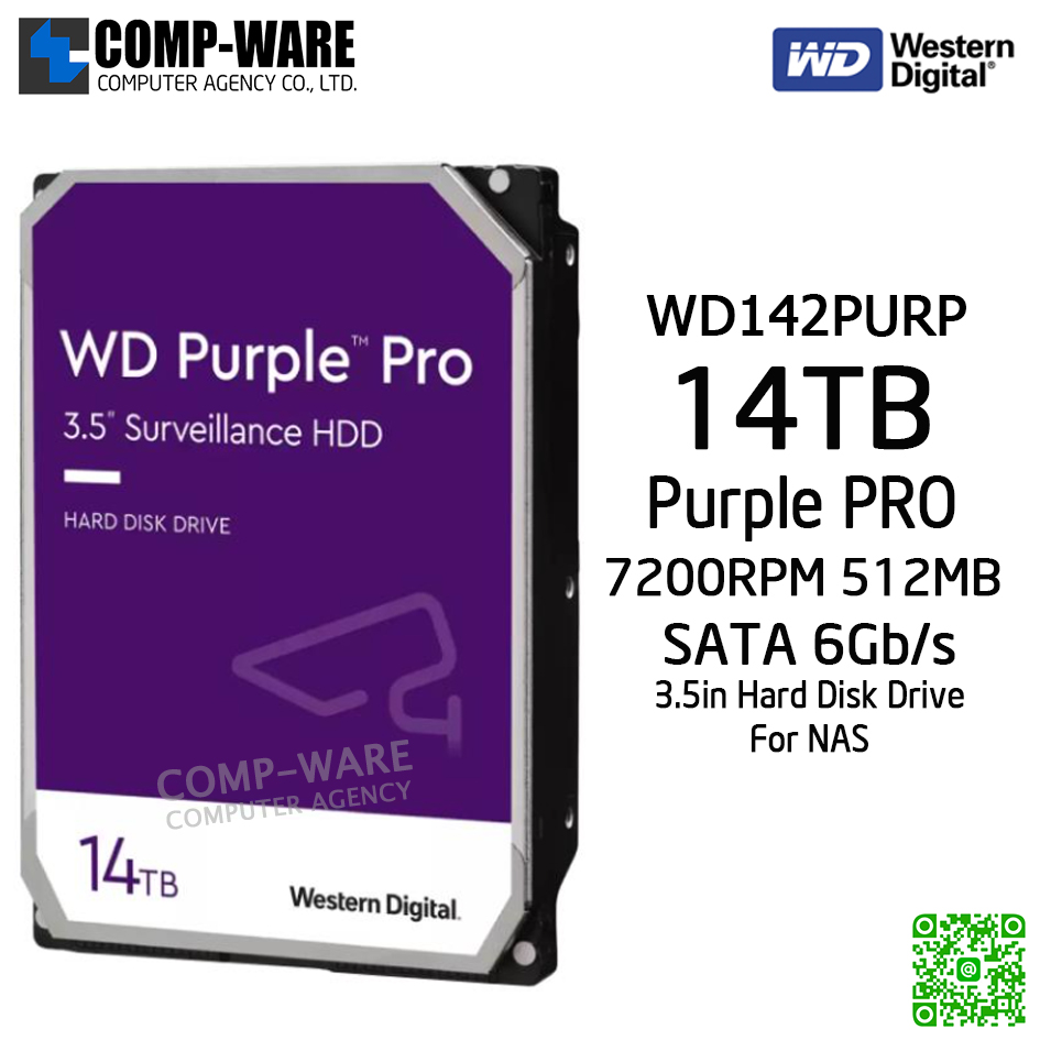 WD PURPLE PRO 14TB AV Surveillance Hard Disk Drive - 7200RPM SATA 6Gb/s 512MB Cache 3.5 Inch - WD142PURP - 5Y Warranty